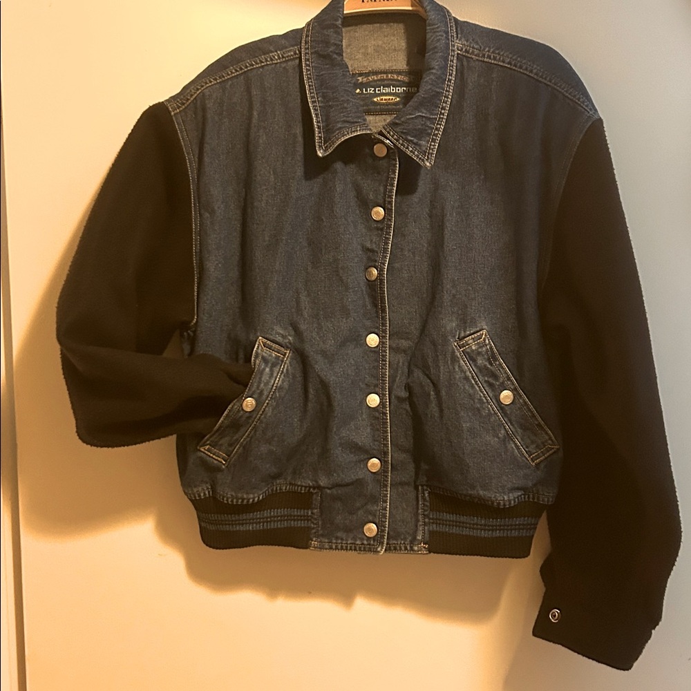 Varsity-Bomber denim jacket black fleece sleeves woman’s Large by Liz Claiborne